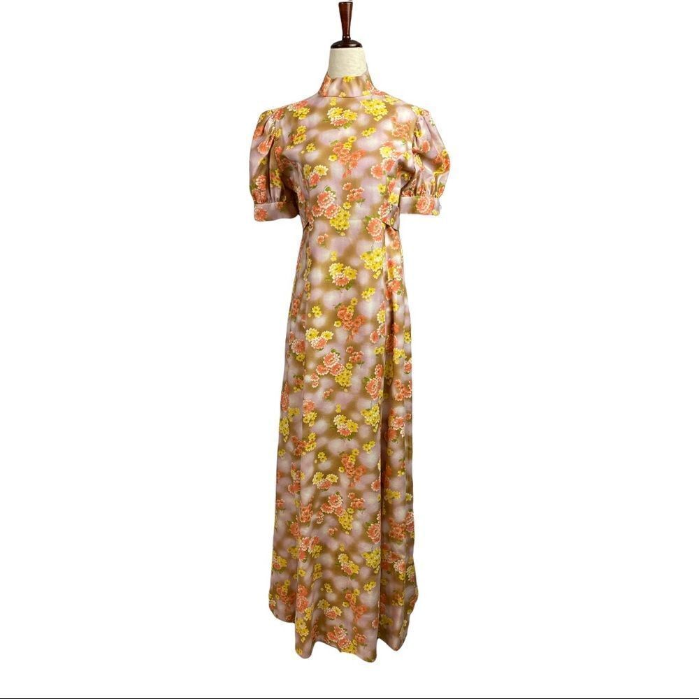 Vintage 60s Daisy Floral Puff Sleeve Mock Neck Bow Waist Belt Maxi Dress